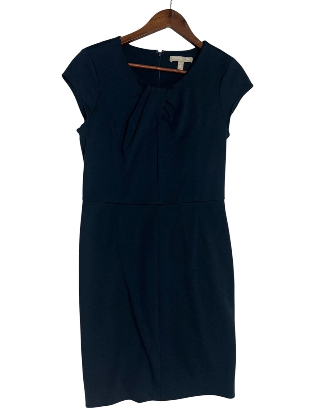BANANA REPUBLIC Navy Blue Pleated Neck Cap Sleeve Sheath Dress Petite 8P